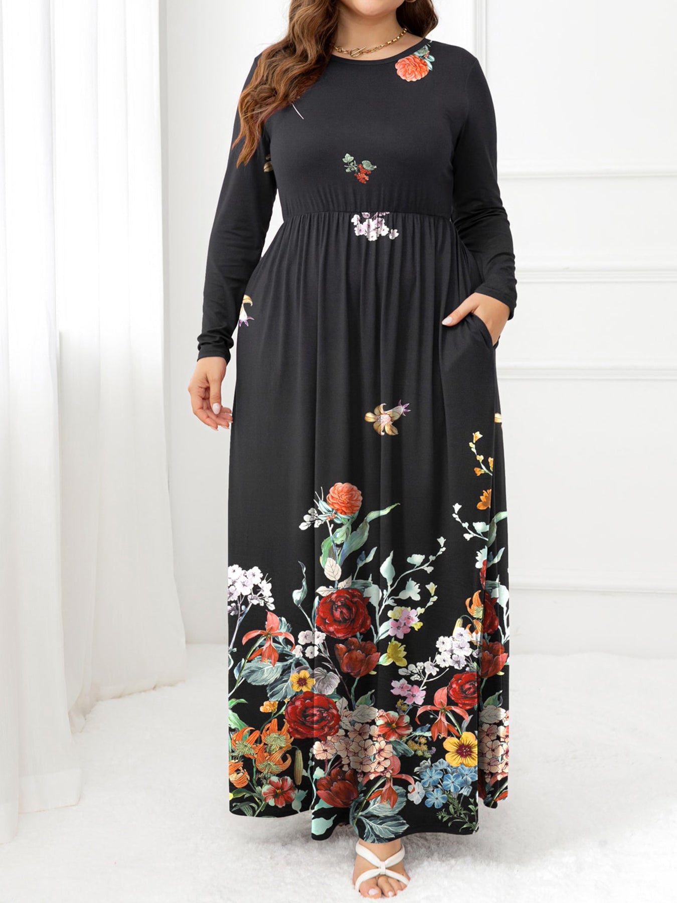 Plus Size Round Neck Maxi Dress with Pockets-Angel Casuals