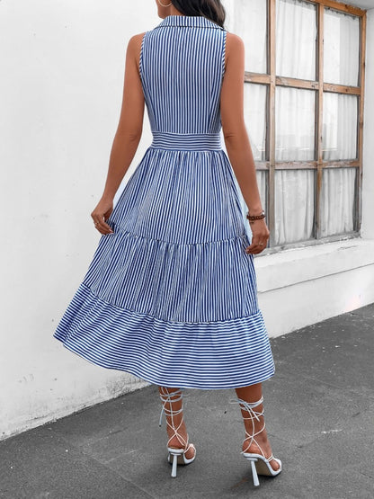 Striped Johnny Collar Sleeveless Midi Dress-Angel Casuals