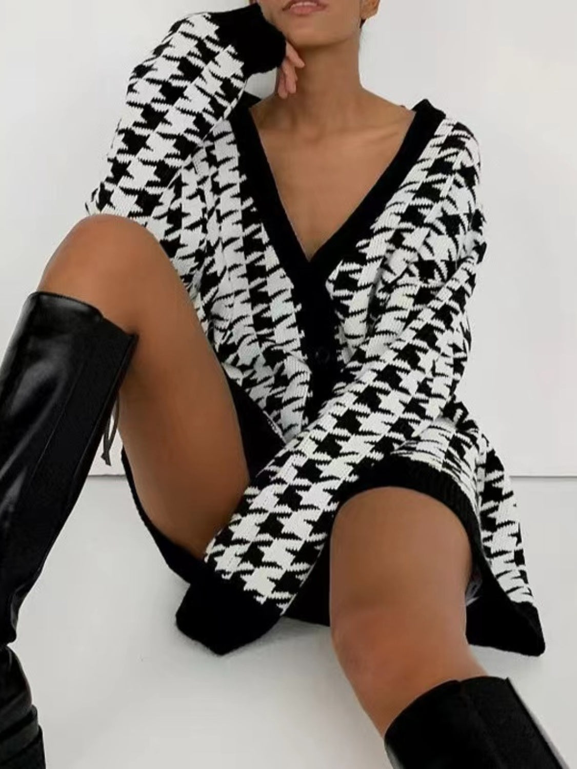 Houndstooth Button Up Long Sleeve Cardigan-Angel Casuals