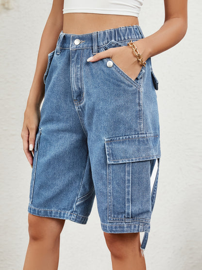 Buttoned Elastic Waist Denim Shorts with Pockets-Angel Casuals