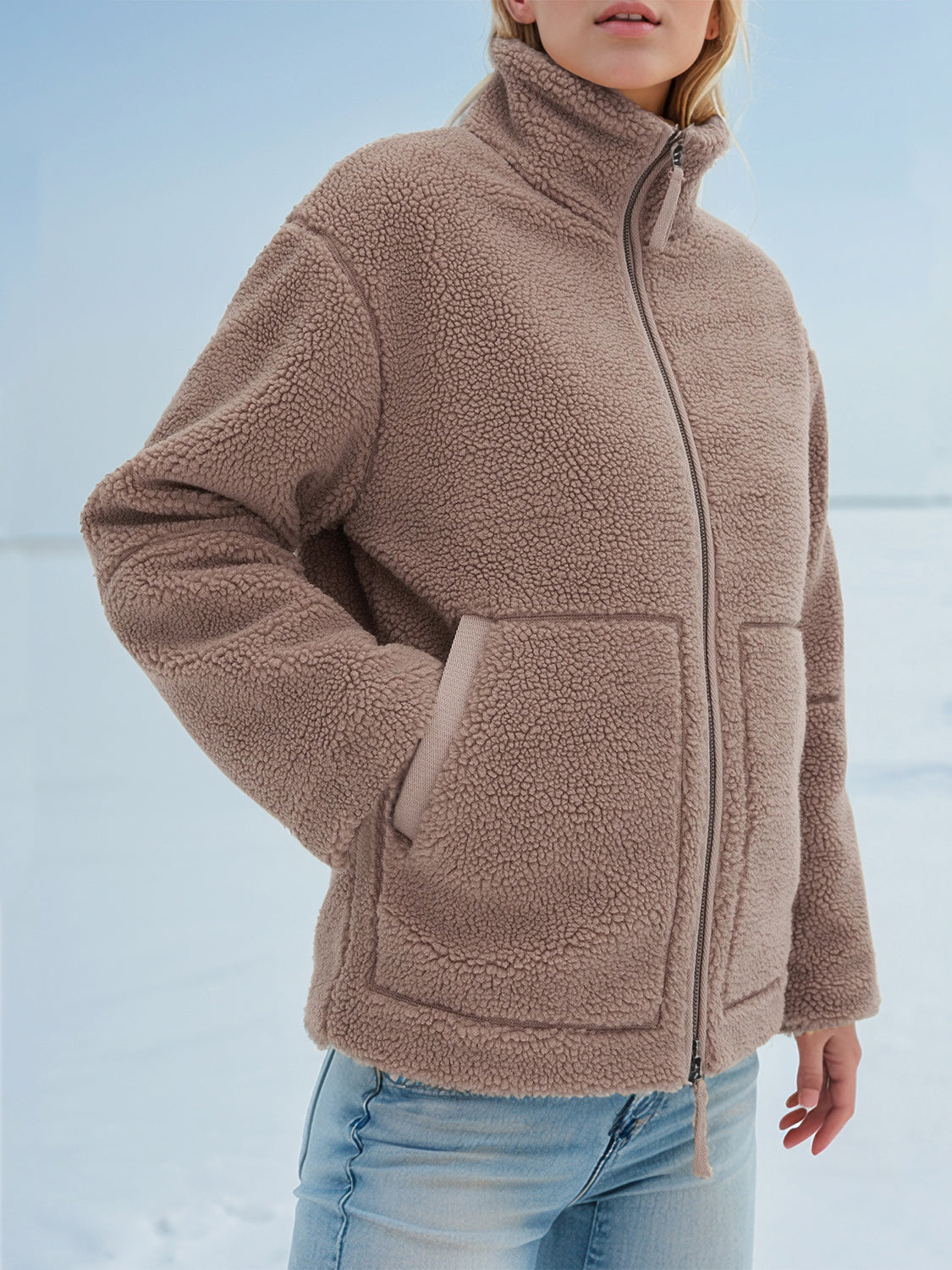 Turtleneck Zip Up Long Sleeve Plush Jacket-Angel Casuals