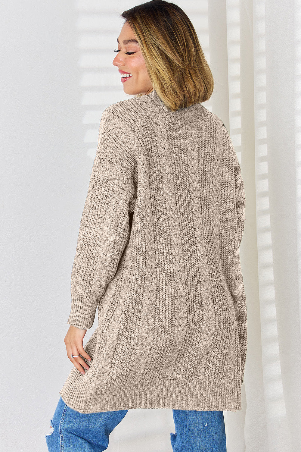 Cable-Knit Open Front Dropped Shoulder Cardigan-Angel Casuals