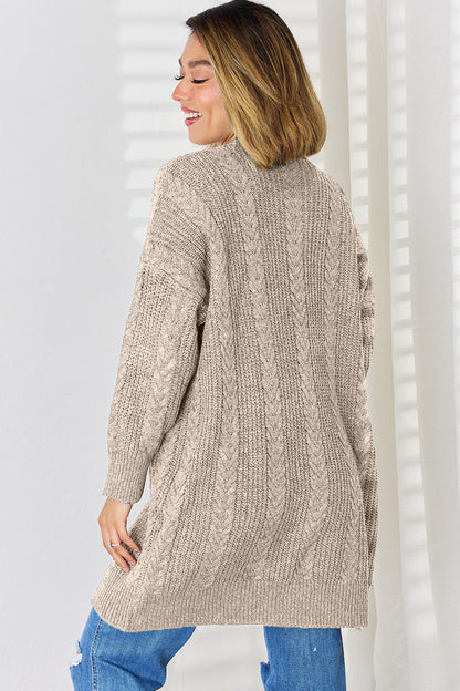 Cable-Knit Open Front Dropped Shoulder Cardigan-Angel Casuals