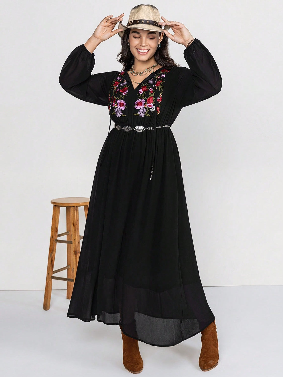 Plus Size Embroidered Tie Neck Long Sleeve Dress-Angel Casuals