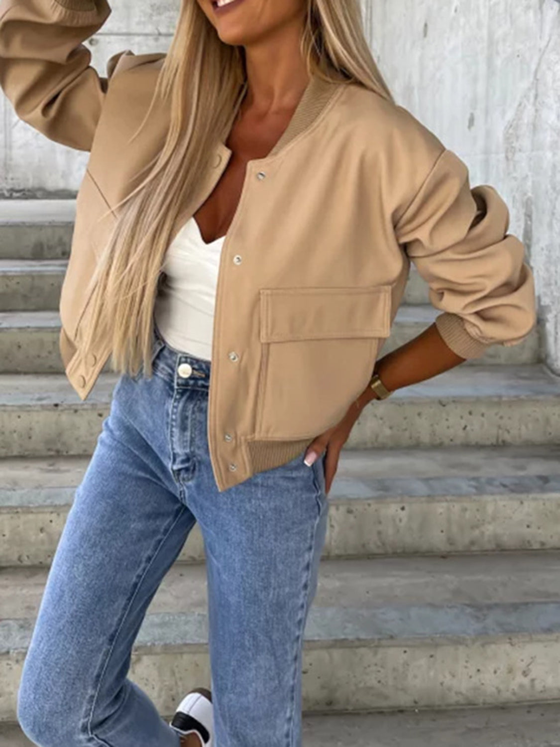 Baseball Collar Dropped Shoulder Jacket-Angel Casuals