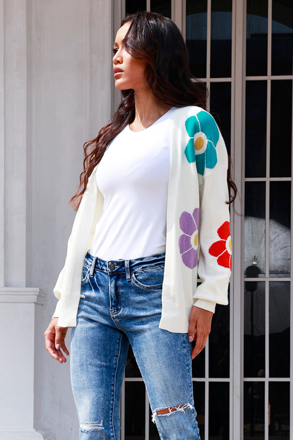 Flower Pattern Open Front Long Sleeve Cardigan-Angel Casuals