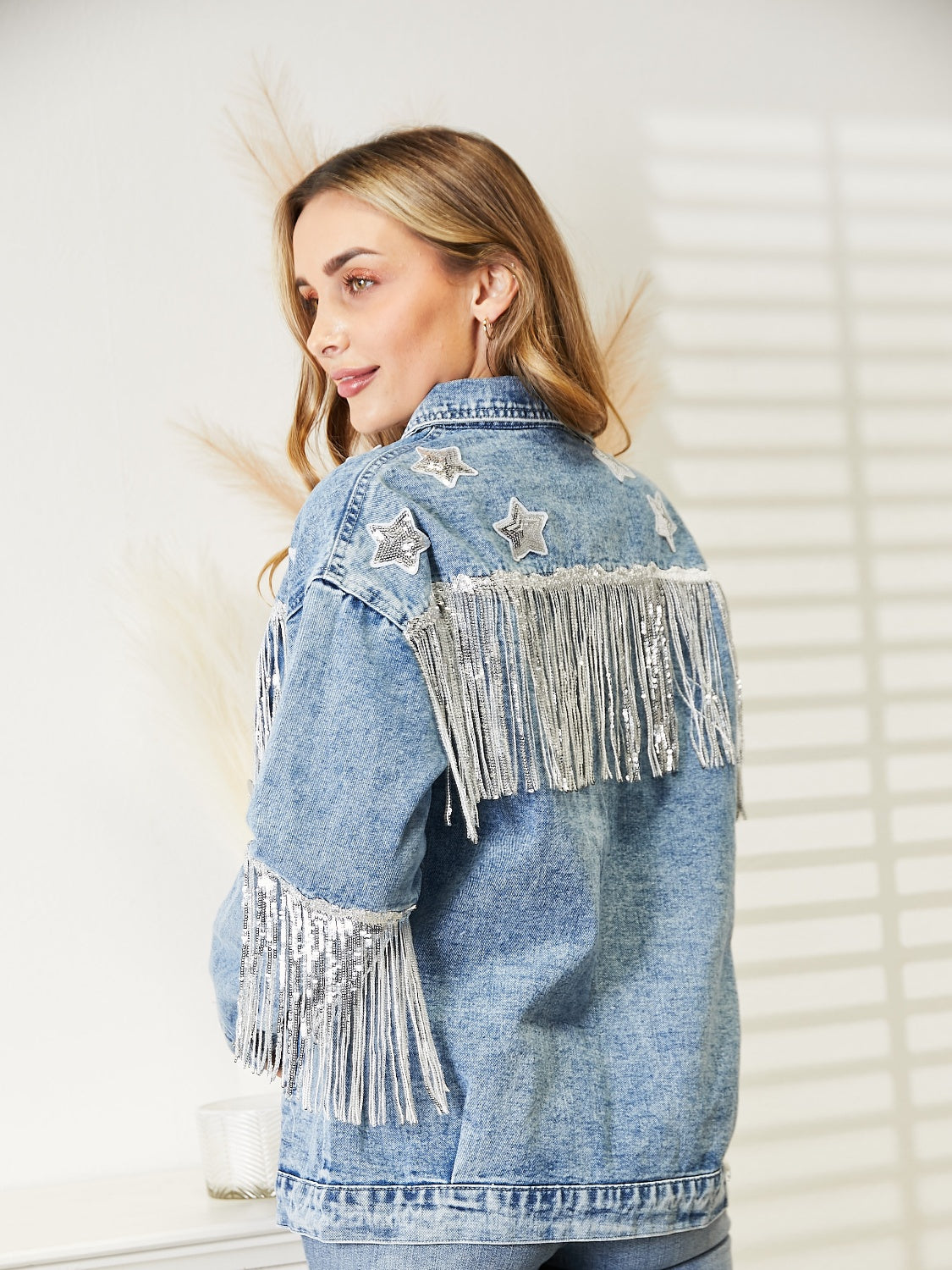 Fringe Detail Long Sleeve Denim Jacket-Angel Casuals