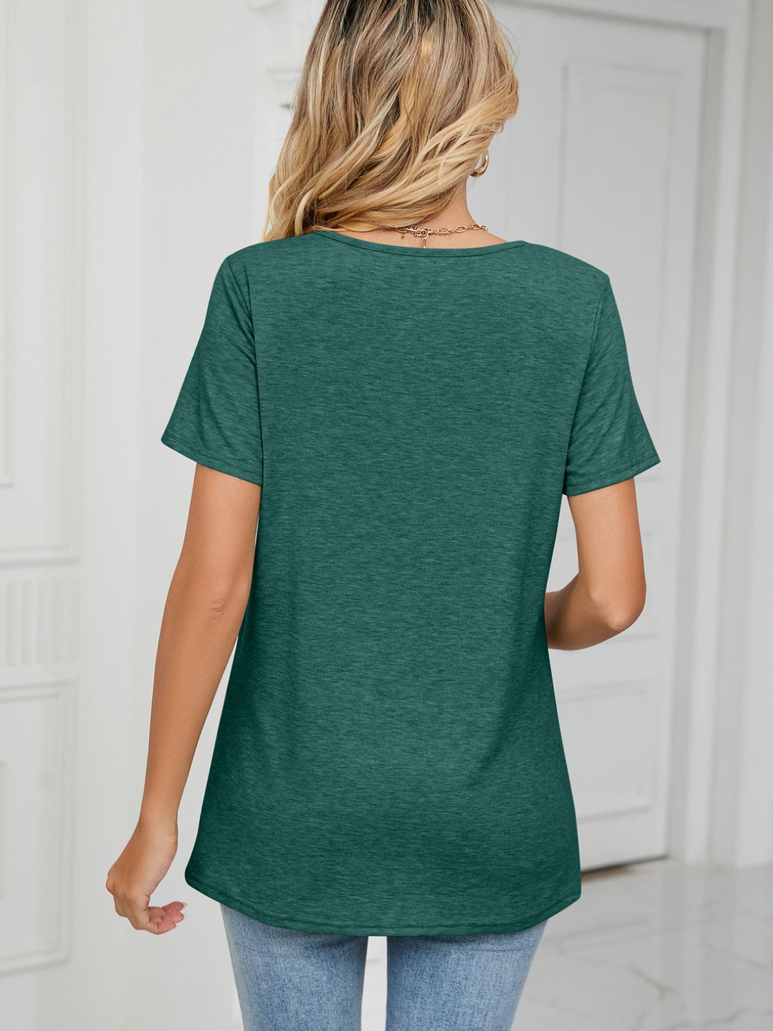 Ruched V-Neck Short Sleeve T-Shirt-Angel Casuals