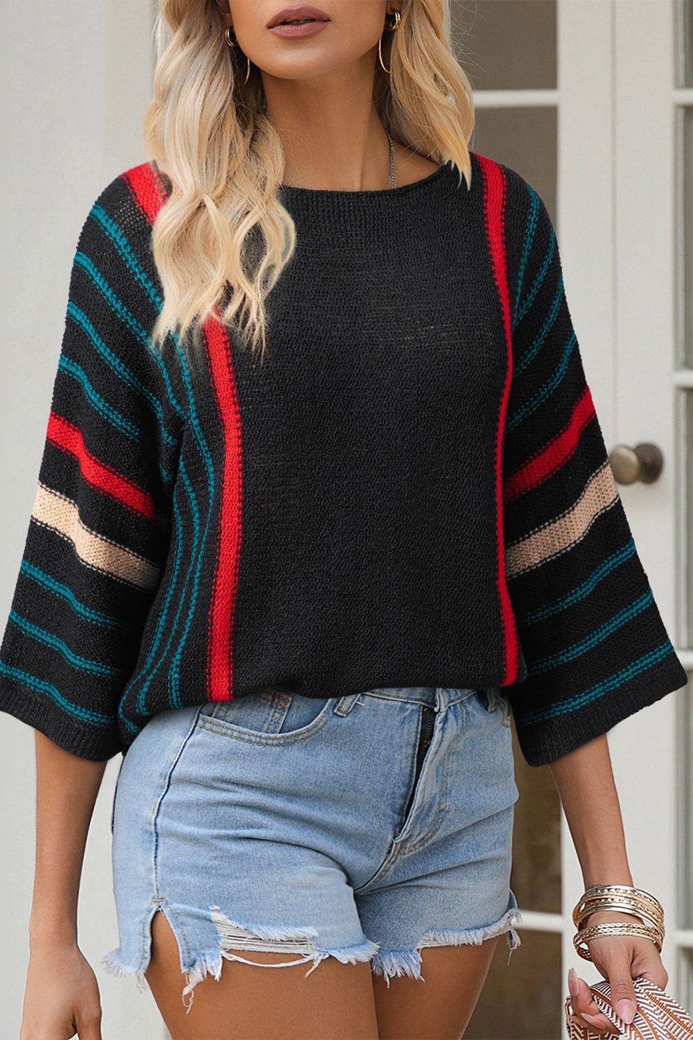 Striped Boat Neck Three-Quarter Sleeve Knit Top-Angel Casuals