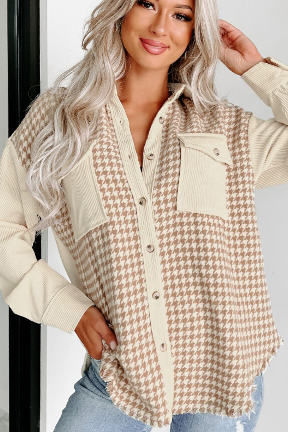 Houndstooth Button Up Long Sleeve Jacket-Angel Casuals