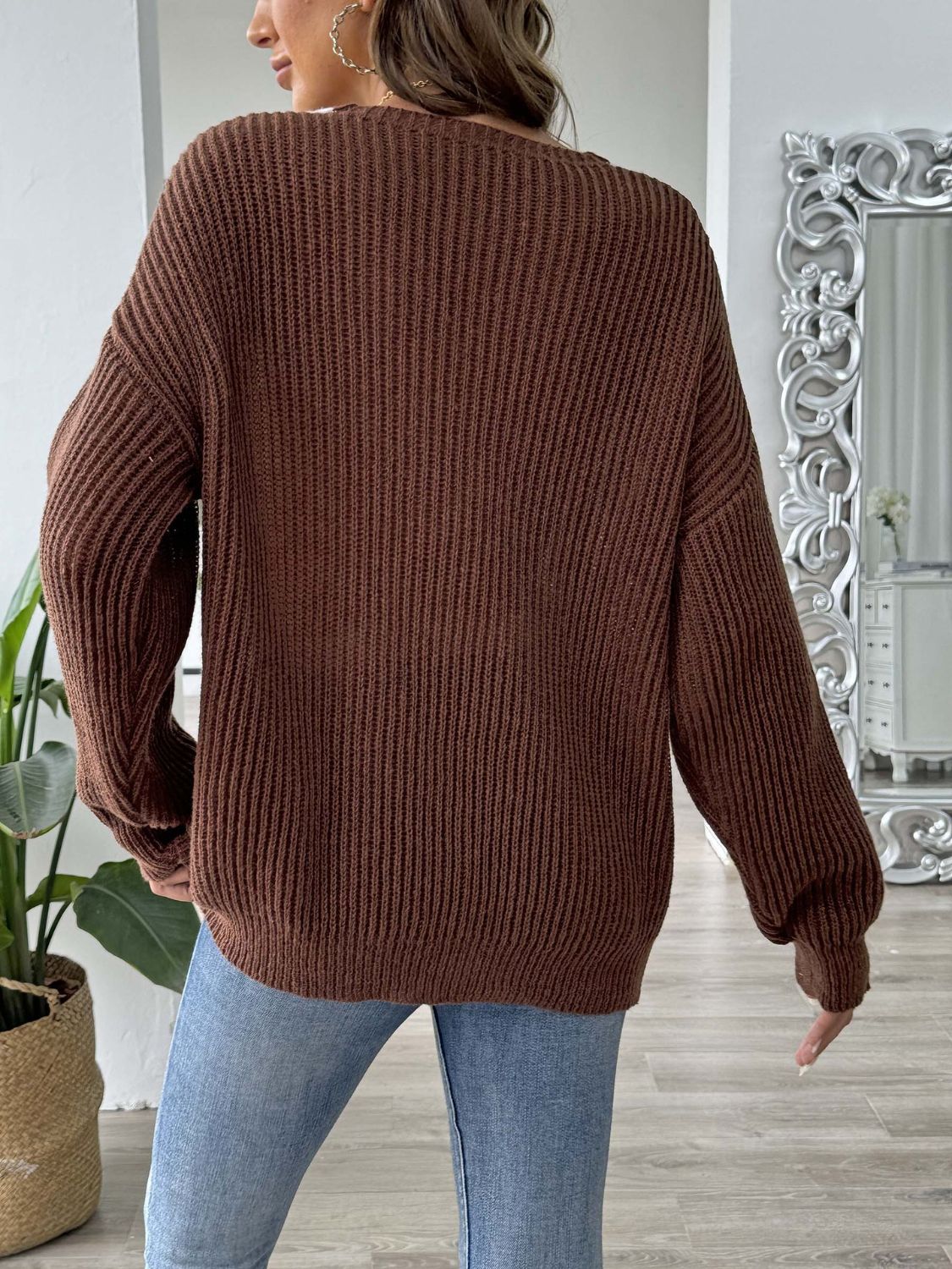 Contrast Trim Dropped Shoulder Long Sleeve Sweater-Angel Casuals