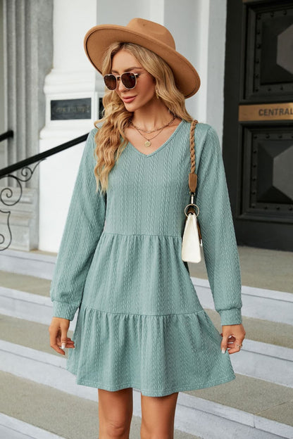 V-Neck Long Sleeve Mini Dress-Angel Casuals