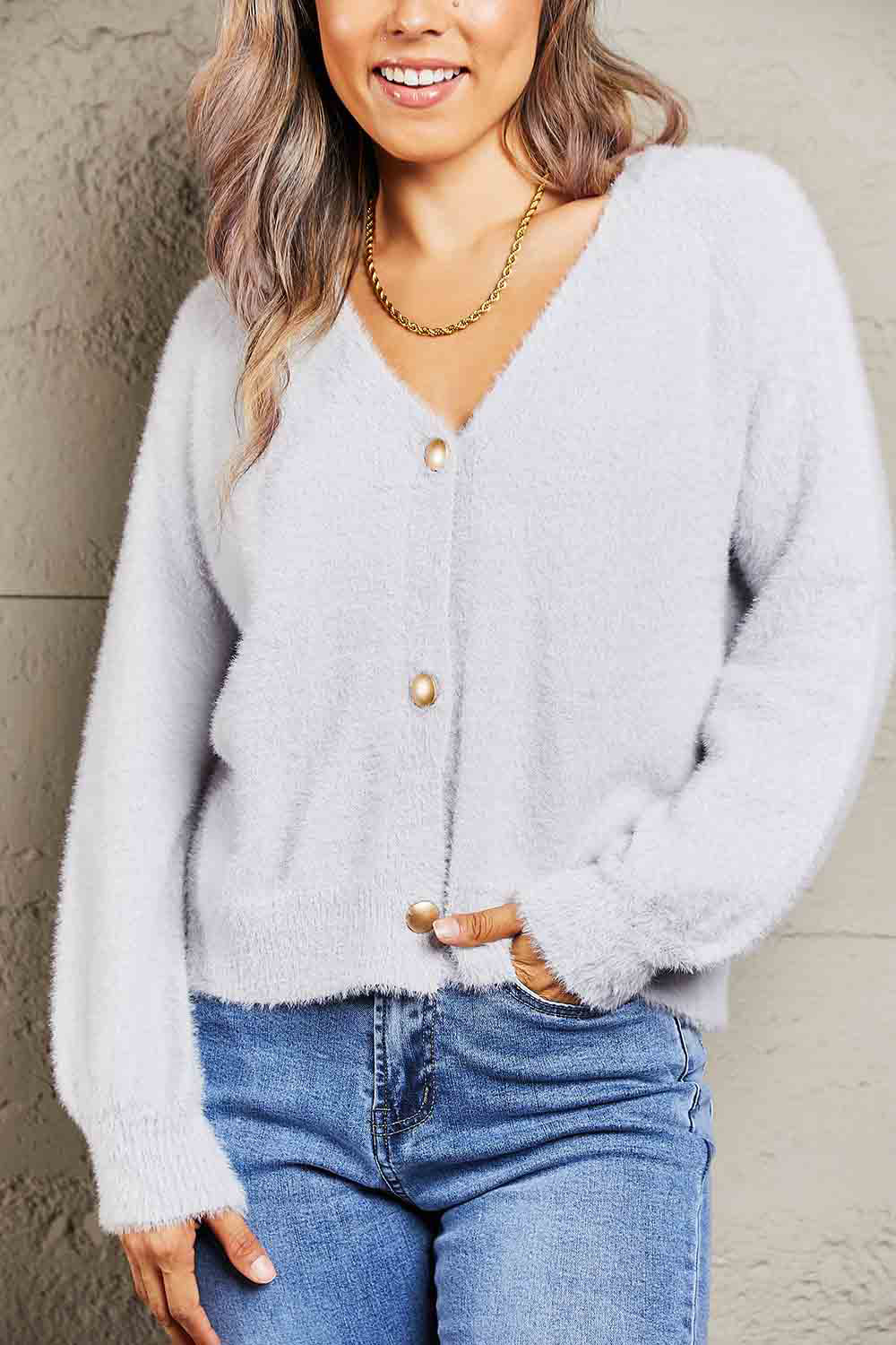 Fuzzy Long Sleeve Button Down Cardigan-Angel Casuals