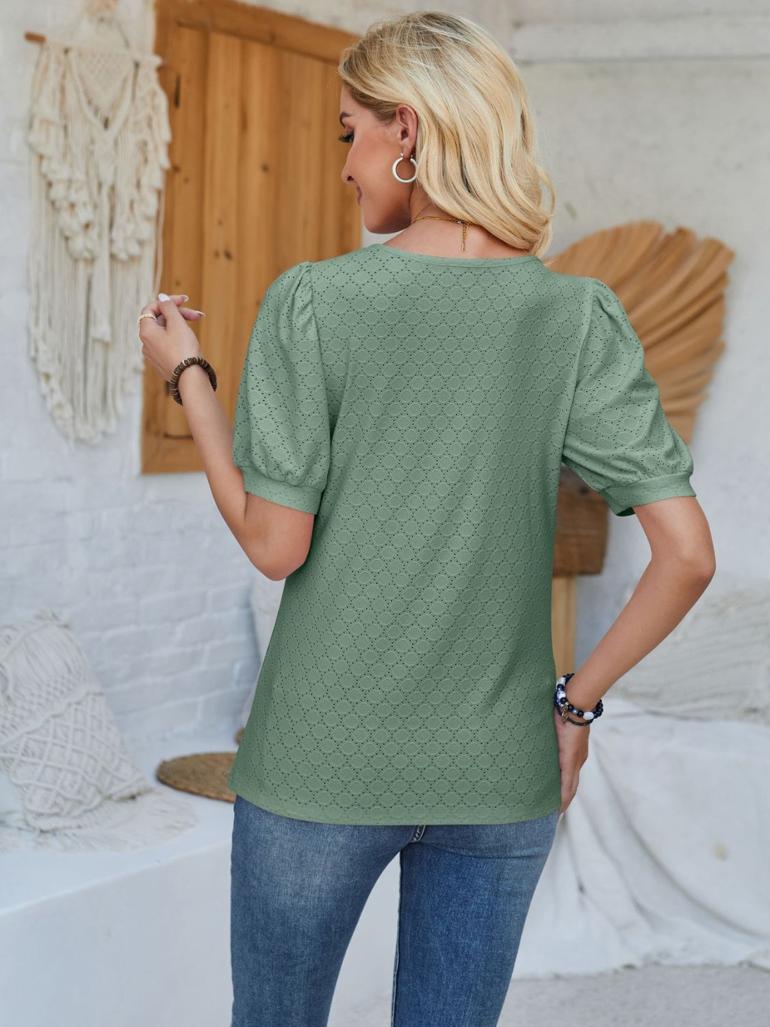 Eyelet Asymmetrical Neck Short Sleeve T-Shirt-Angel Casuals