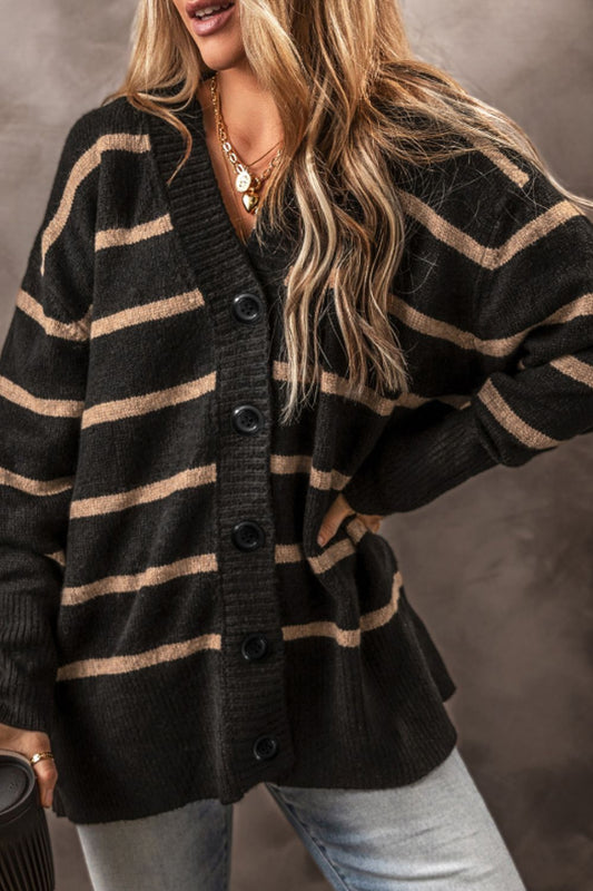 Striped Button Down Long Sleeve Cardigan-Angel Casuals