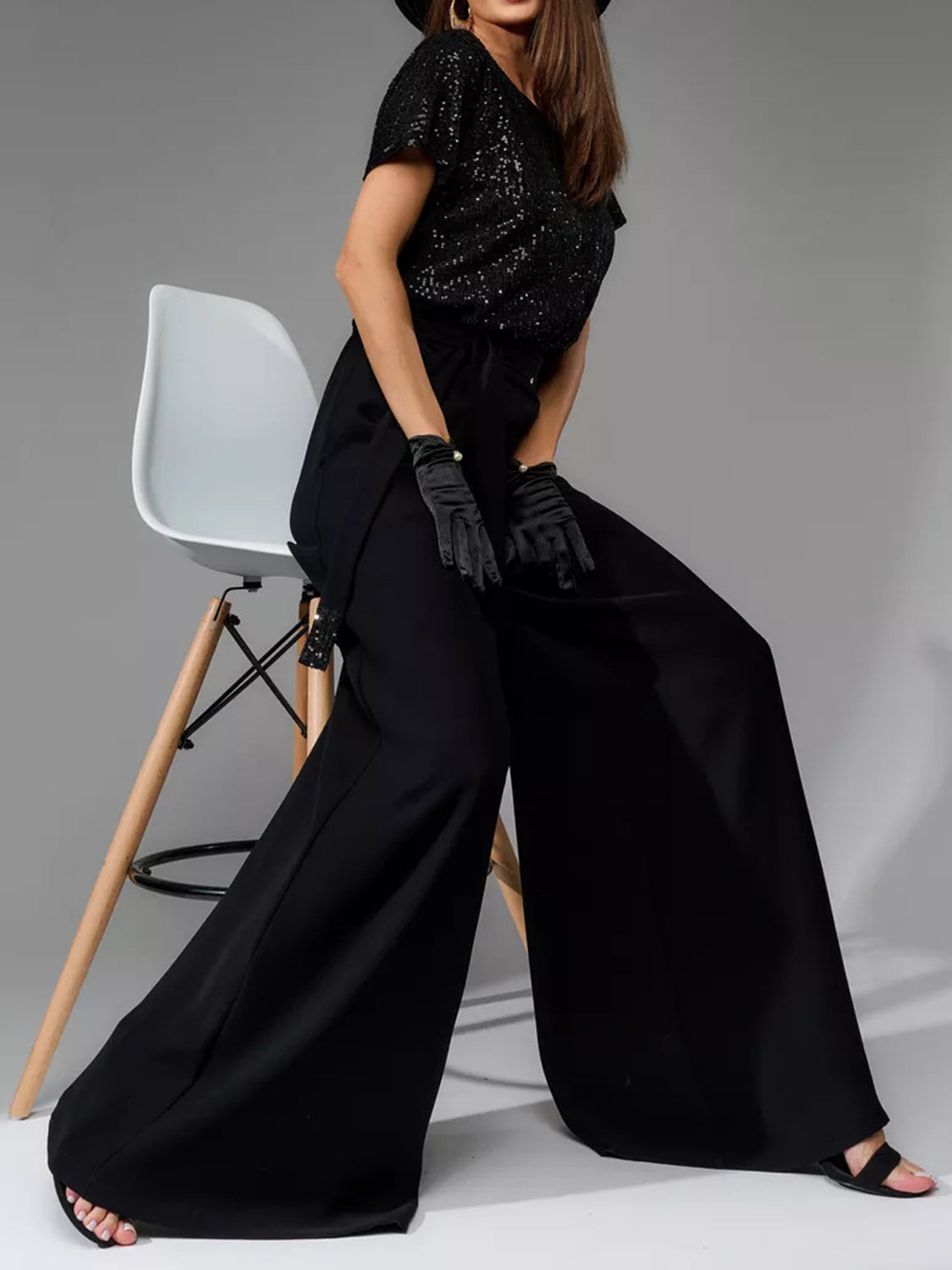 Full Size Sequin Round Neck Short Sleeve Wide Leg Jumpsuit-Angel Casuals
