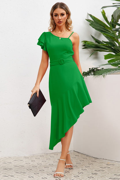 Ruffled Asymmetrical Neck Flutter Sleeve Dress-Angel Casuals