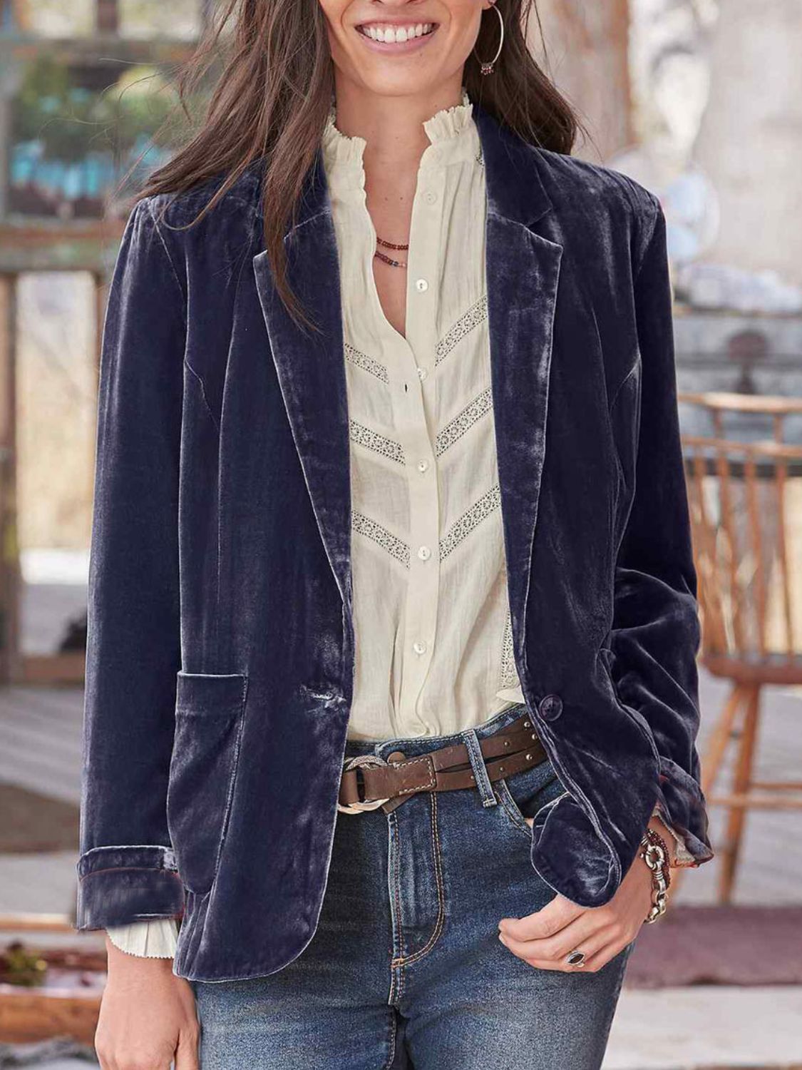 Pocketed Button Up Lapel Collar Blazer-Angel Casuals
