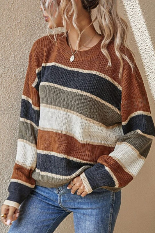 Contrast Striped Round Neck Long Sleeve Sweater-Angel Casuals