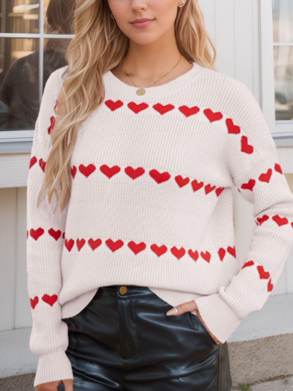 Heart Round Neck Long Sleeve Sweater-Angel Casuals