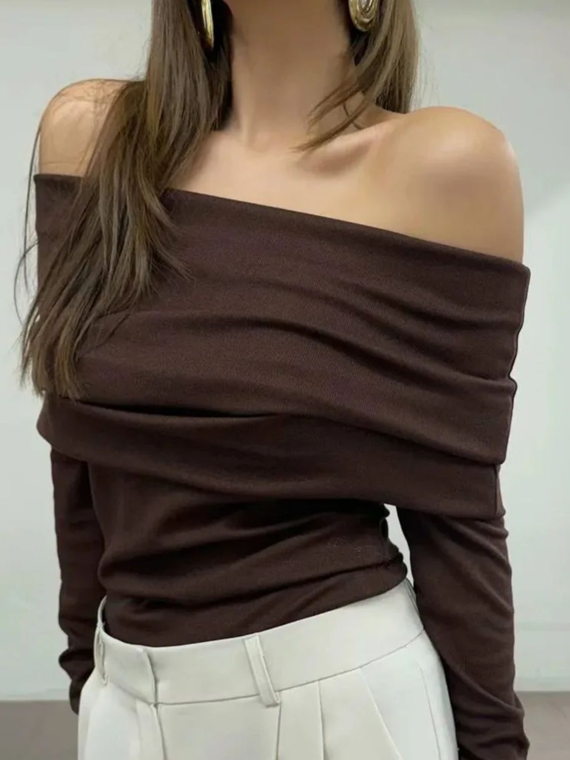 Off-Shoulder Long Sleeve Knit Top-Angel Casuals