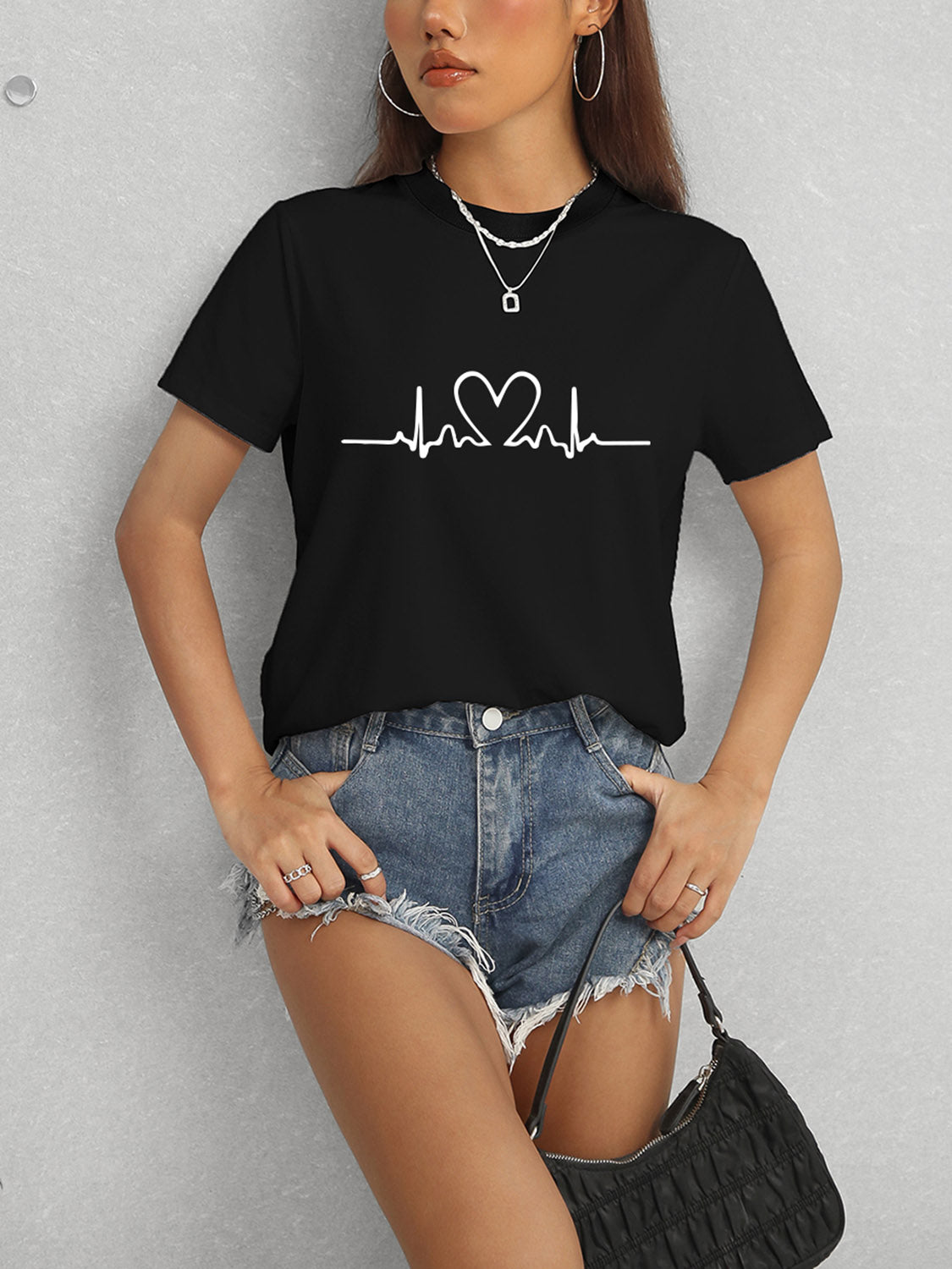 Heart Round Neck Short Sleeve T-Shirt-Angel Casuals