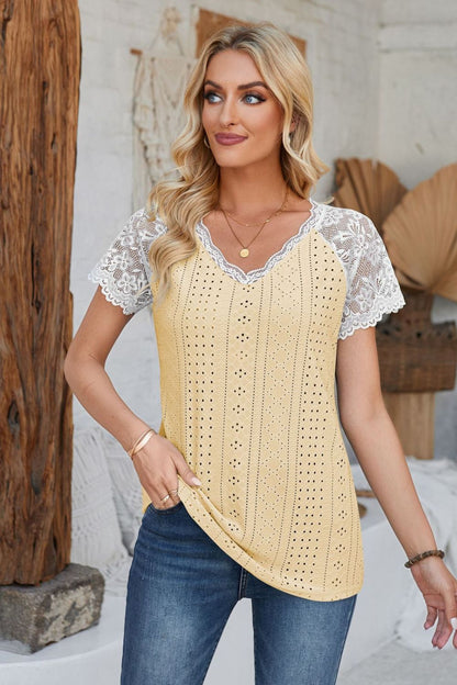 Eyelet V-Neck Lace Short Sleeve T-Shirt-Angel Casuals