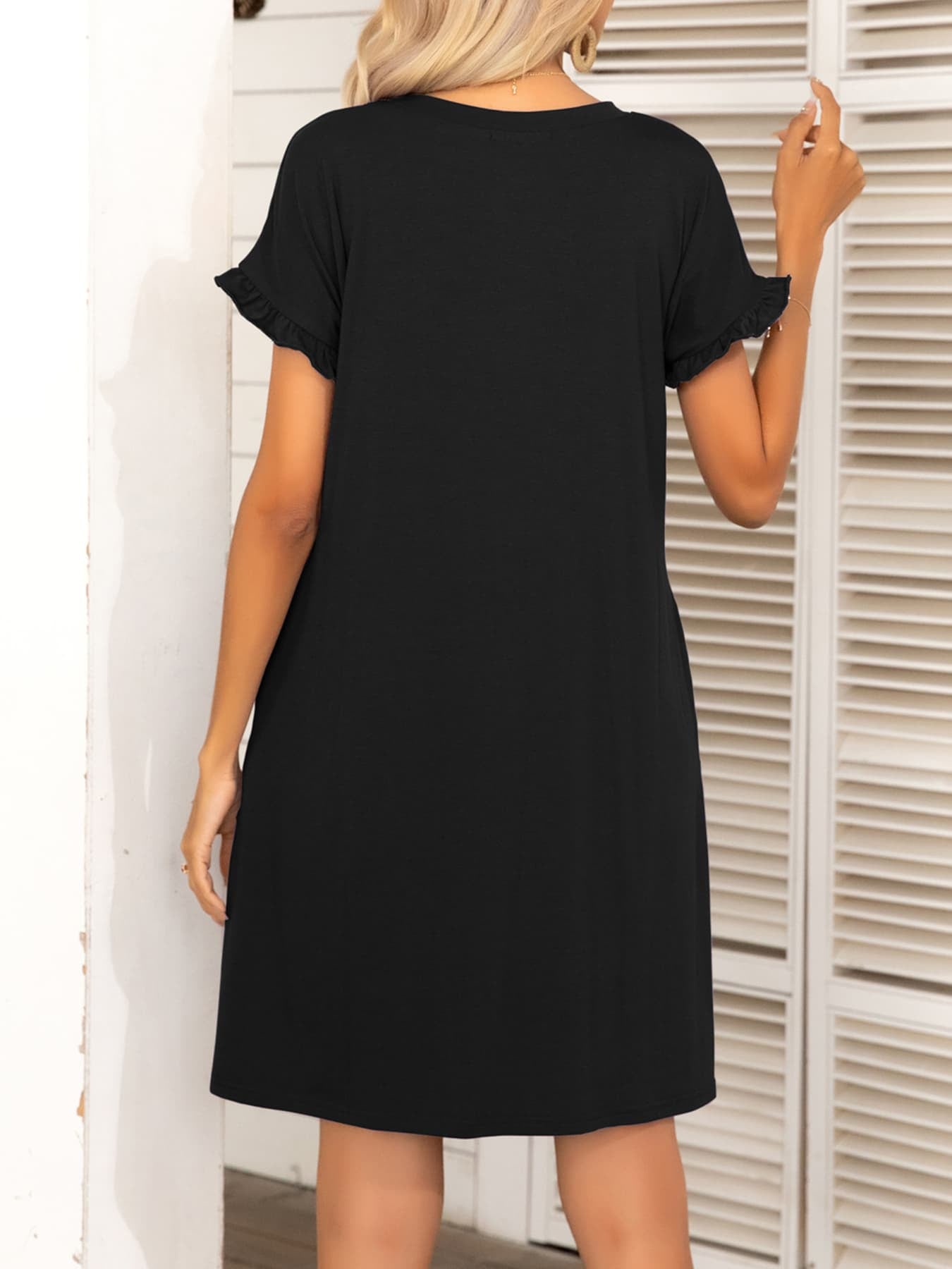 Round Neck Flounce Sleeve Dress with Pockets-Angel Casuals