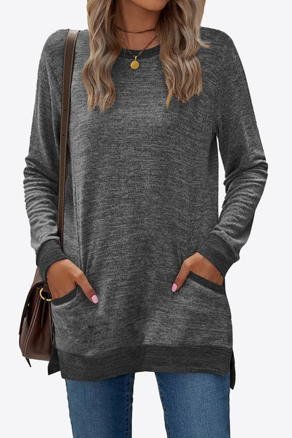 Heathered Slit Top with Pockets-Angel Casuals