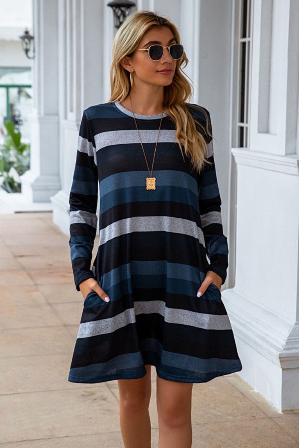 Striped Round Neck Long Sleeve Dress-Angel Casuals