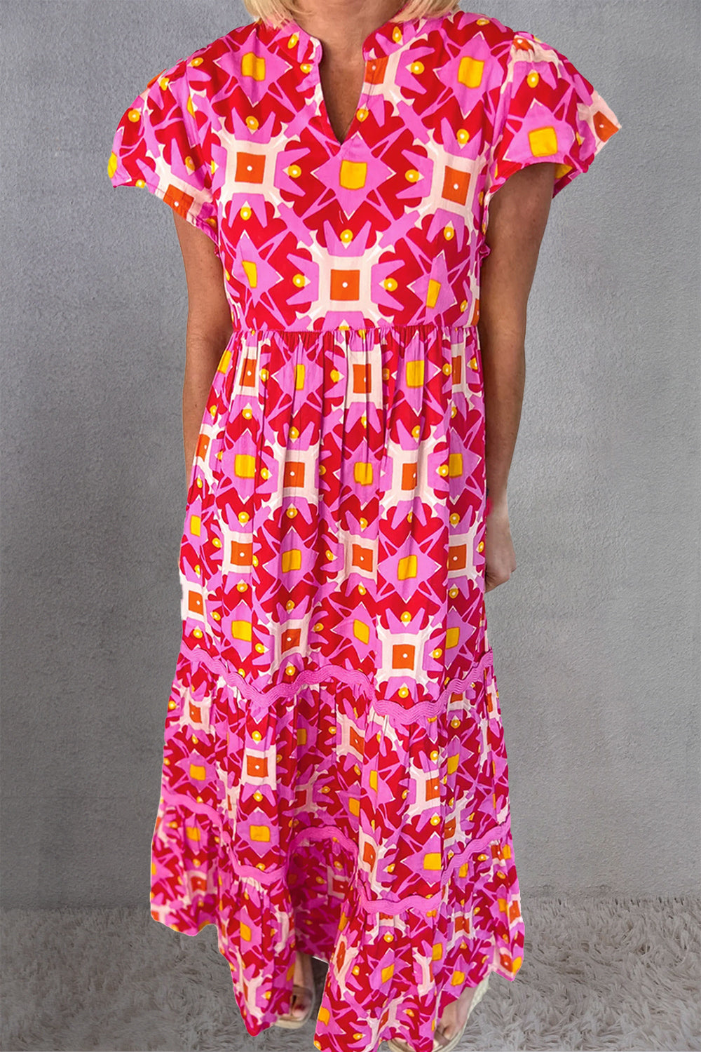 Printed Notched Cap Sleeve Dress-Angel Casuals