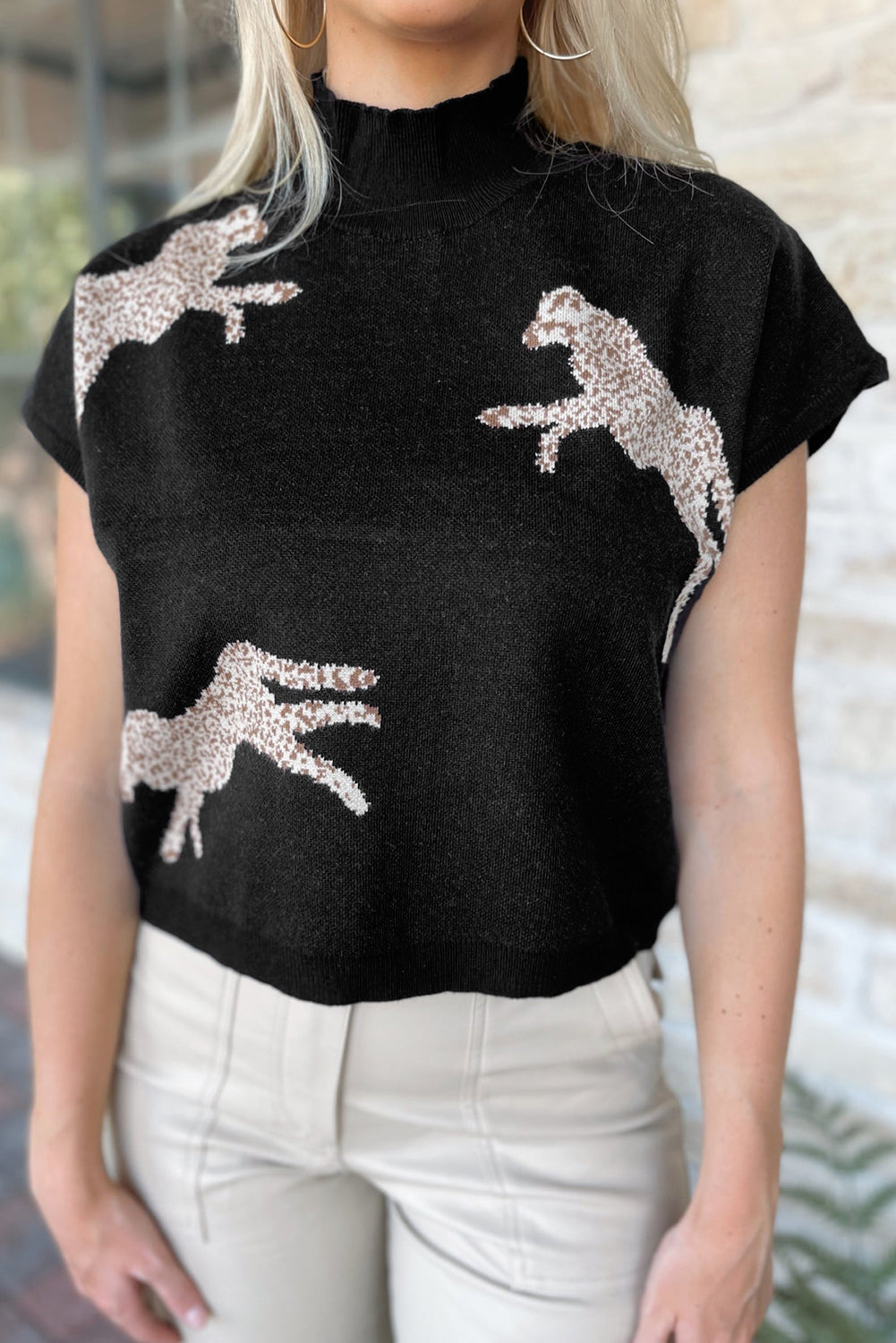 Animal Graphic Mock Neck Cap Sleeve Sweater-Angel Casuals