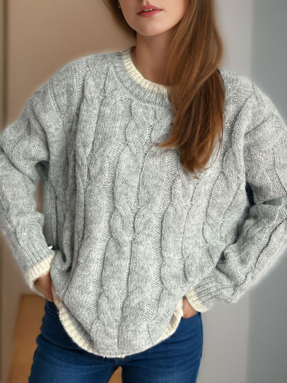 Cable Knit Round Neck Long Sleeve Sweater-Angel Casuals