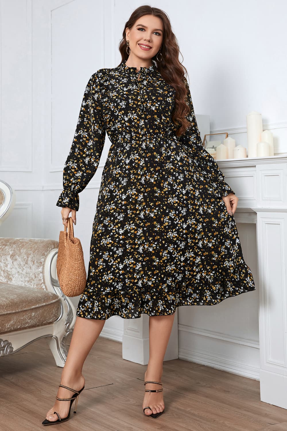 Melo Apparel Plus Size Floral Flounce Sleeve Midi Dress-Angel Casuals