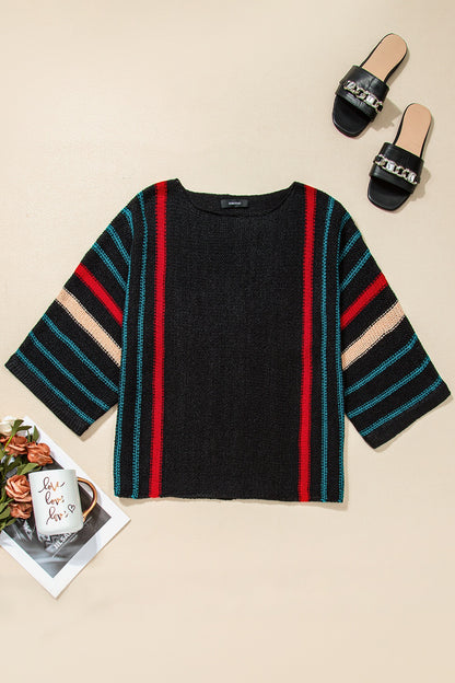 Striped Boat Neck Three-Quarter Sleeve Knit Top-Angel Casuals