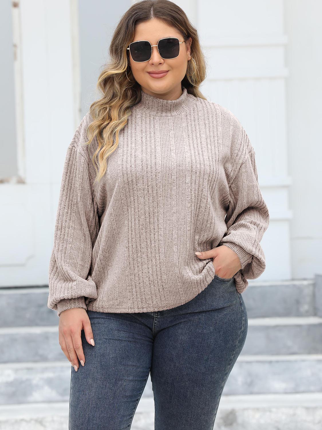 Plus Size Mock Neck Long Sleeve Knit Top-Angel Casuals