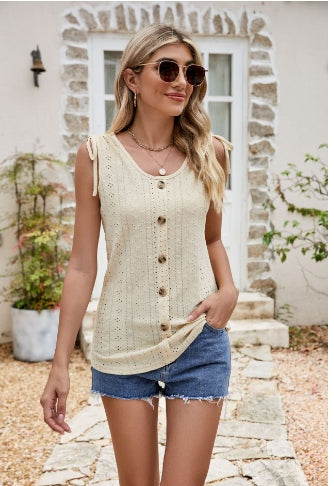 Full Size Decorative Button Eyelet Tied Tank-Angel Casuals