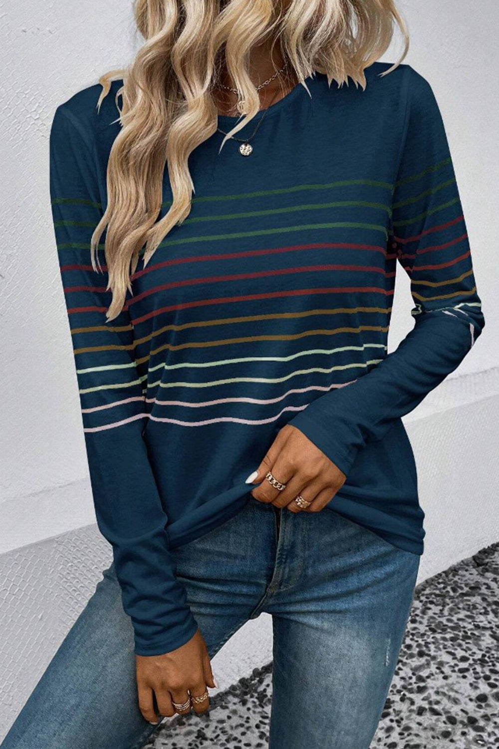 Striped Round Neck Long Sleeve T-Shirt-Angel Casuals