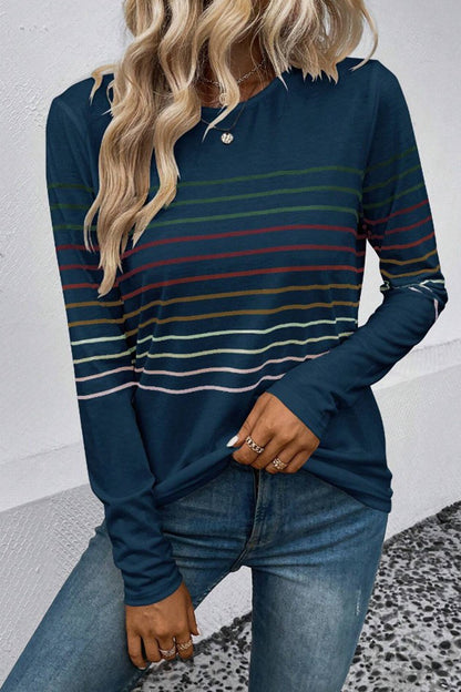 Striped Round Neck Long Sleeve T-Shirt-Angel Casuals