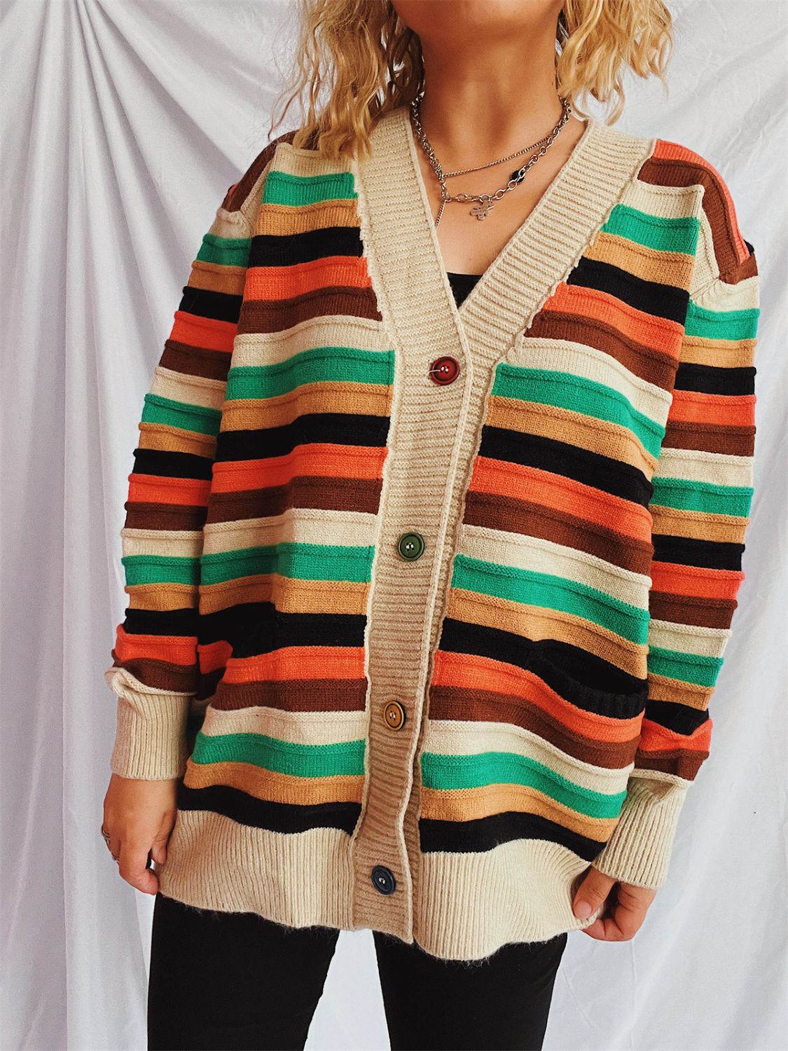 Contrast Stripes Button Up Long Sleeve Cardigan-Angel Casuals