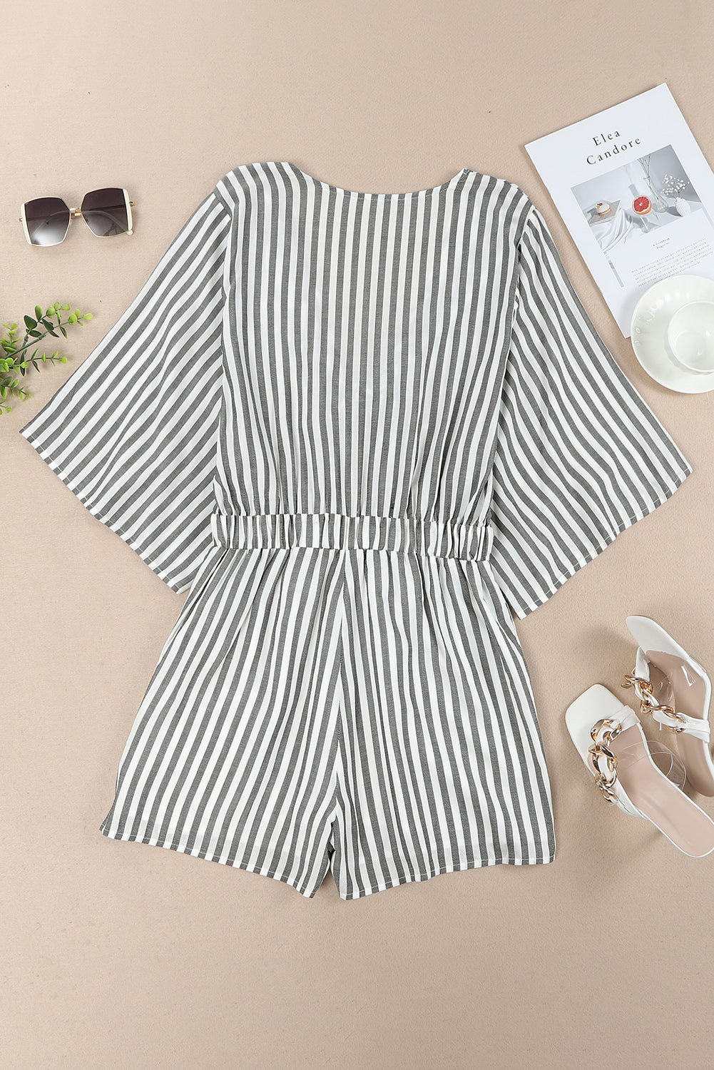 Tied Striped Three-Quarter Sleeve Romper-Angel Casuals