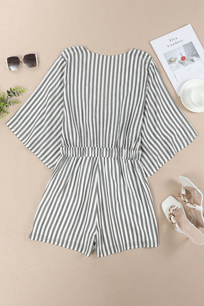 Tied Striped Three-Quarter Sleeve Romper-Angel Casuals