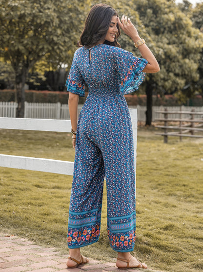 Floral Surplice Flutter Sleeve Jumpsuit-Angel Casuals