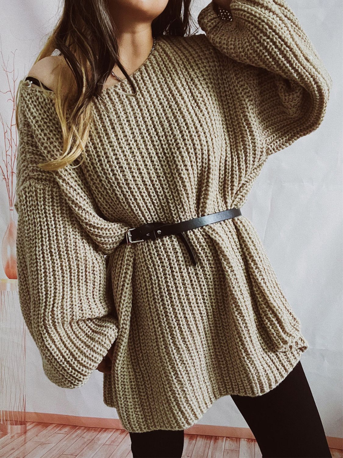 Boat Neck Long Sleeve Sweater with Belt-Angel Casuals