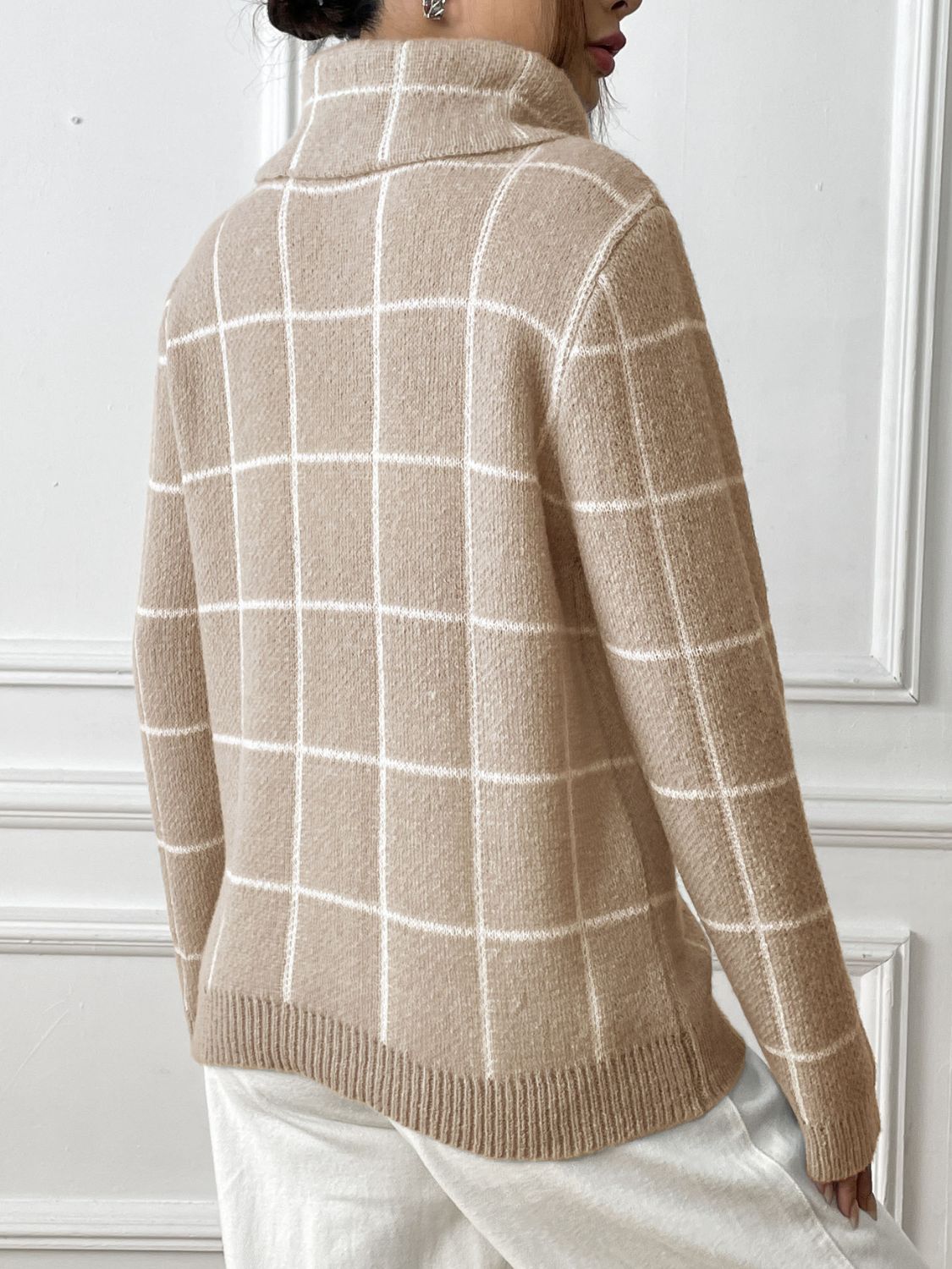 Heart Plaid Turtleneck Long Sleeve Sweater-Angel Casuals