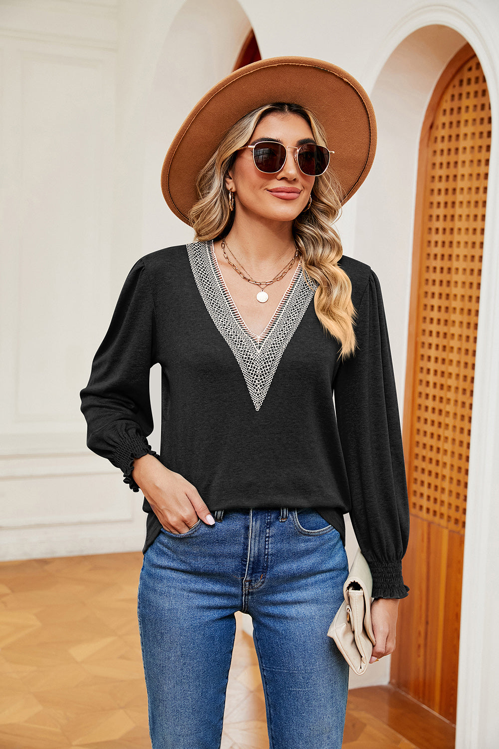 Contrast V-Neck Long Sleeve Top-Angel Casuals