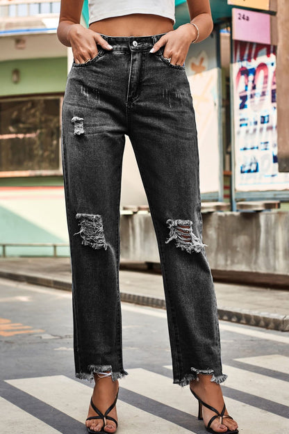 Distressed Buttoned Loose Fit Jeans-Angel Casuals