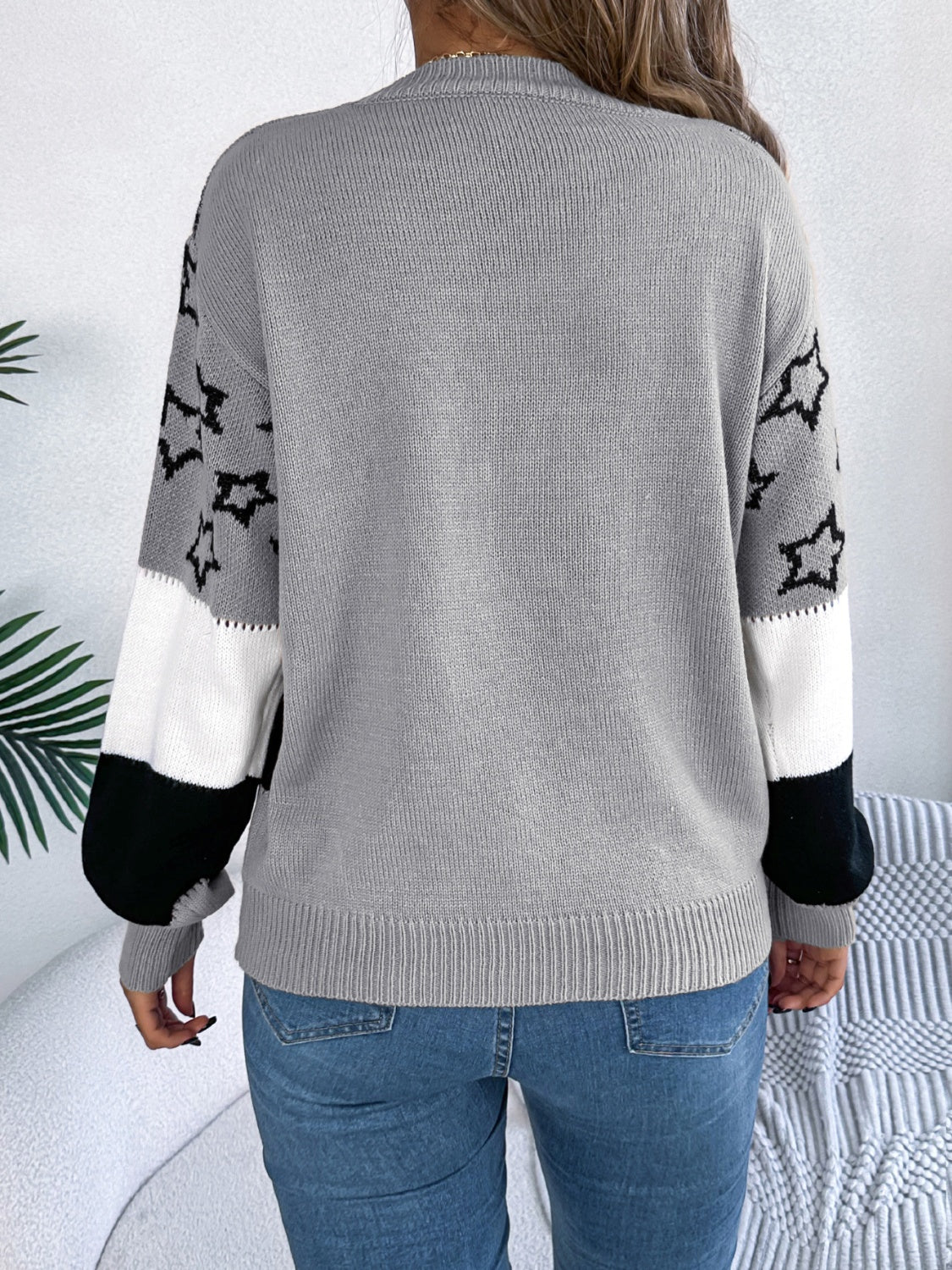 Star Contrast Round Neck Sweater-Angel Casuals