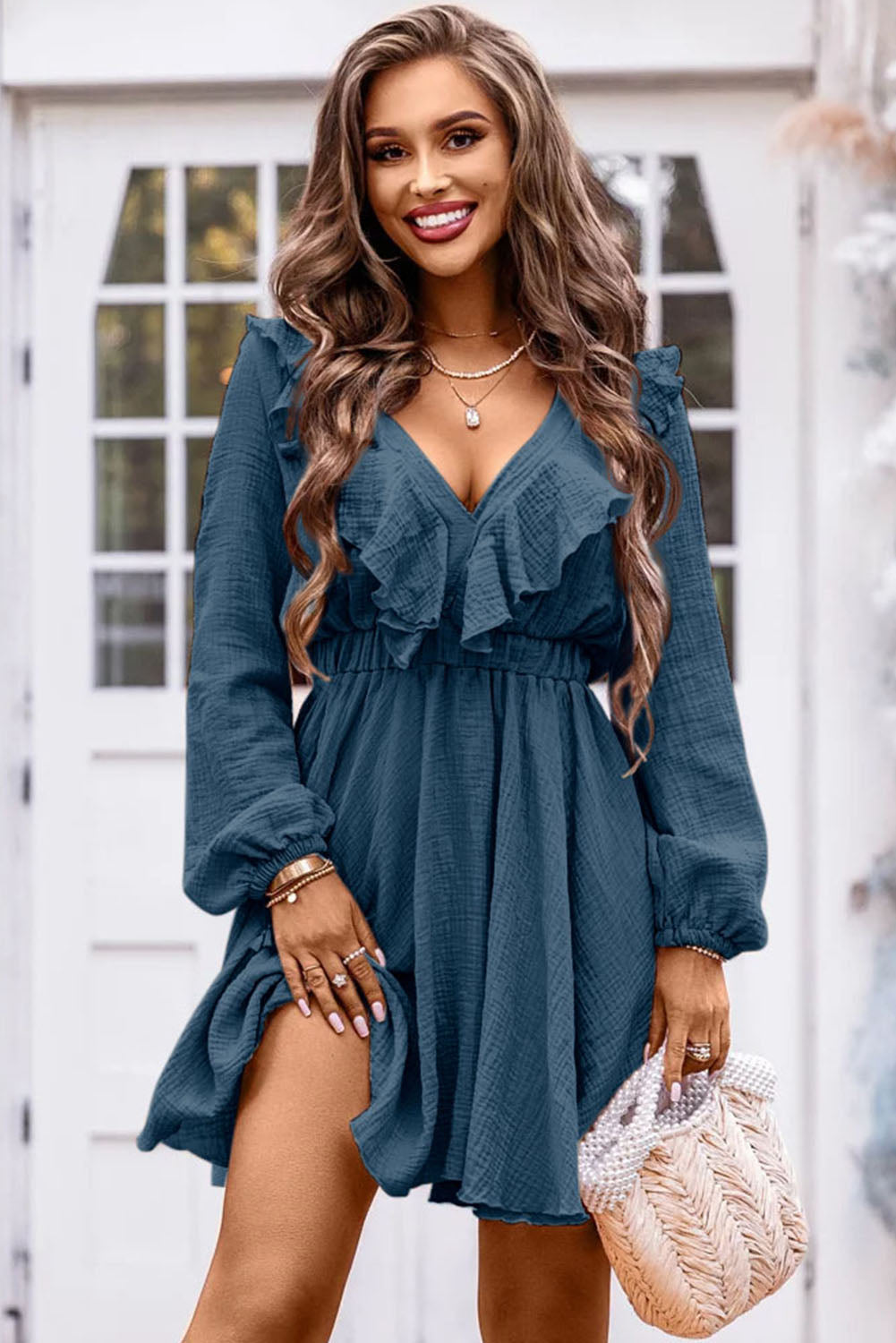 Ruffle Trim V-Neck Long Sleeve Mini Dress-Angel Casuals