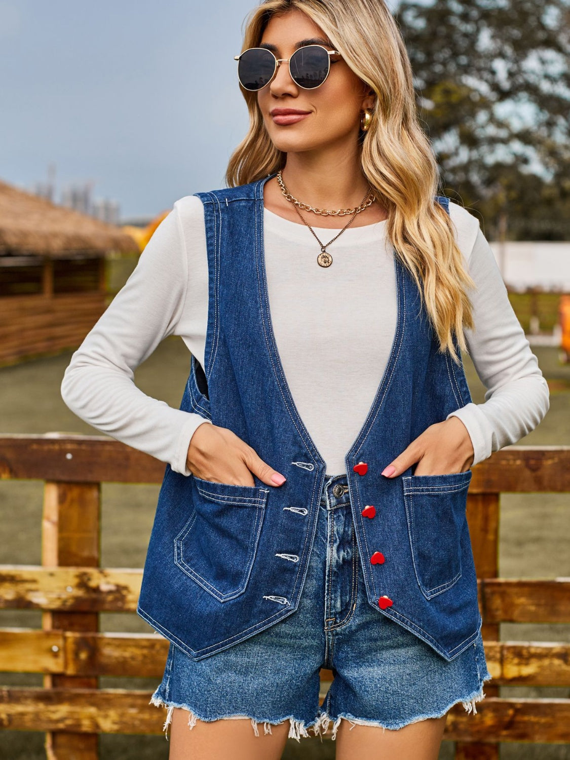 Pocketed Button Up Sleeveless Denim Jacket-Angel Casuals